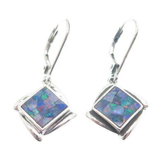 MICHELLE ALBALA 925 Sterling Silver Vintage Real Opal Gem Inlay Dangle Earrings - Picture 4 of 7